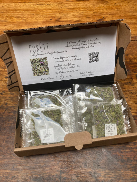 un coffret cadeau 10 infusettes Agastache anisée ouvert avec une présentation de la tisane à l'intérieur.