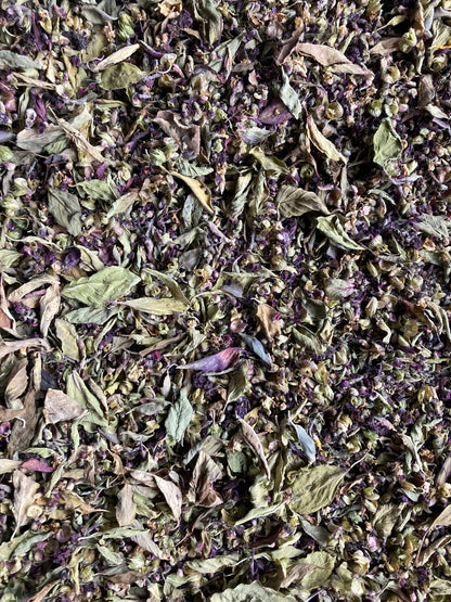 feuilles et fleurs de Basilic Thaï séché à l'atelier, prêt à être passé au tamis.