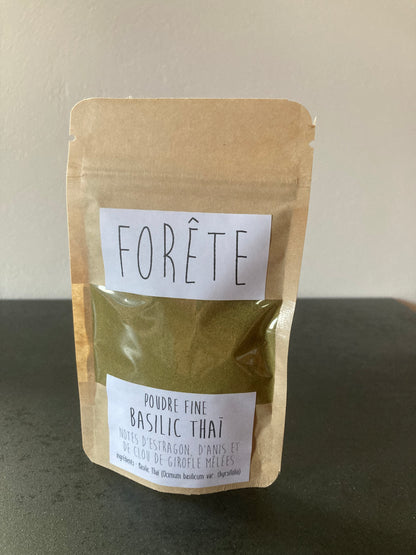 un sachet de 100ml de poudre fine de Basilic Thaï Forête.