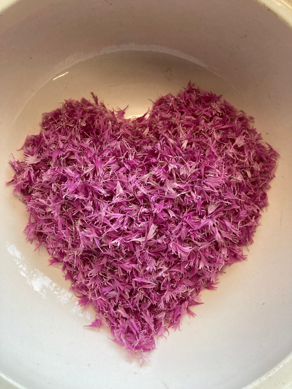 un coeur formé dans un tas de pétales de Bleuet rose séchés