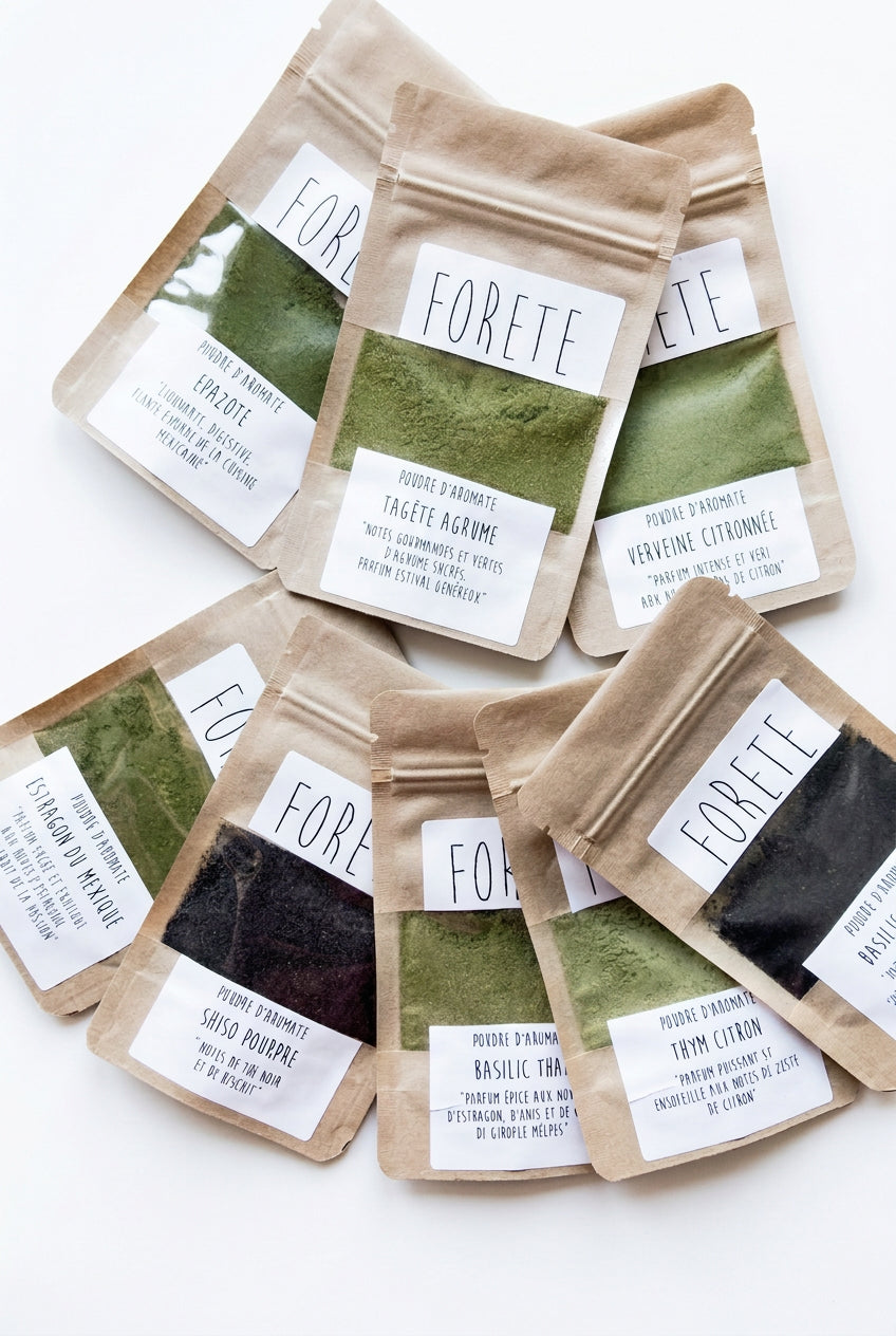 la collection de poudre fine d'aromates Forête réunie dans une image